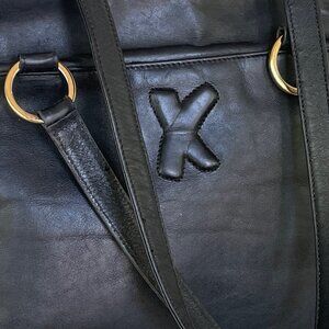 Vintage Paloma Picasso Black Leather Tote Bag Crossbody Gold X Logo